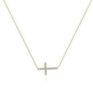 18K Gold Plated Women's Side Cross Cubic Zirconia Necklace Waterproof Jewelry